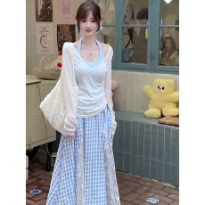 批发<b class='q'>不规则</b>蕾丝蓝色格子<b class='q'>半身裙</b>女夏季新款裙子海边穿搭度假长裙子