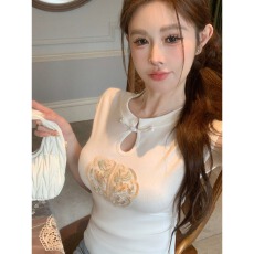 批发40支1*1螺纹棉260克新中式国风盘扣短袖T恤辣妹镂空显瘦<b class='q'>上衣</b>