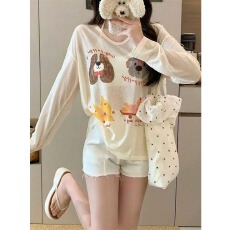 批发原版面料夏季韩系减龄V领印花长袖<b class='q'>防晒</b>百搭显瘦宽松薄款上衣