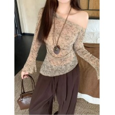 批发<b class='q'>韩国</b>东大门晕染不规则长袖露肩<b class='q'>T</b><b class='q'>恤</b>女高级网纱复古气质辣妹上衣