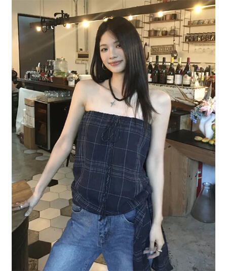 원본 품질 해군 체크무늬 여성 여름 레이스업 민소매 외출용 튜브탑 몸매 가꾸기 슬림해 보이는 핫걸 맨위