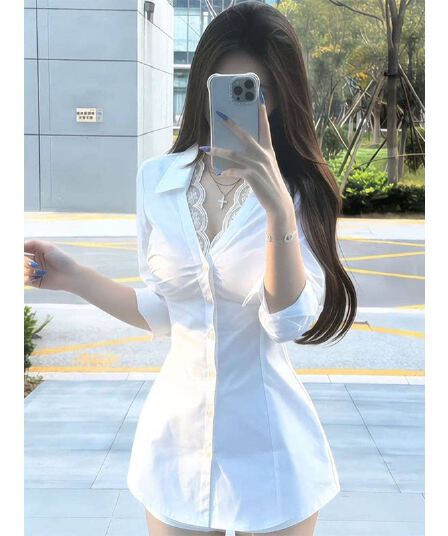 고급 센스 작은 대중 레이스 측면 여성 셔츠 봄 여름 새로운 순수한 욕망 핫걸 몸매 가꾸기 품격 중간 길이 맨위