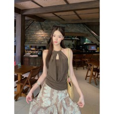 批发晨领原版做工/面料吊带背心夏辣妹穿搭露背无袖荡领挂脖小众上衣