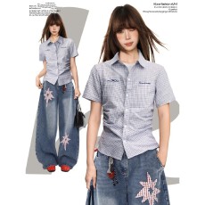 批发蓝色格子正肩短袖衬衫女夏季美式短款修身polo领短袖衬衣上衣