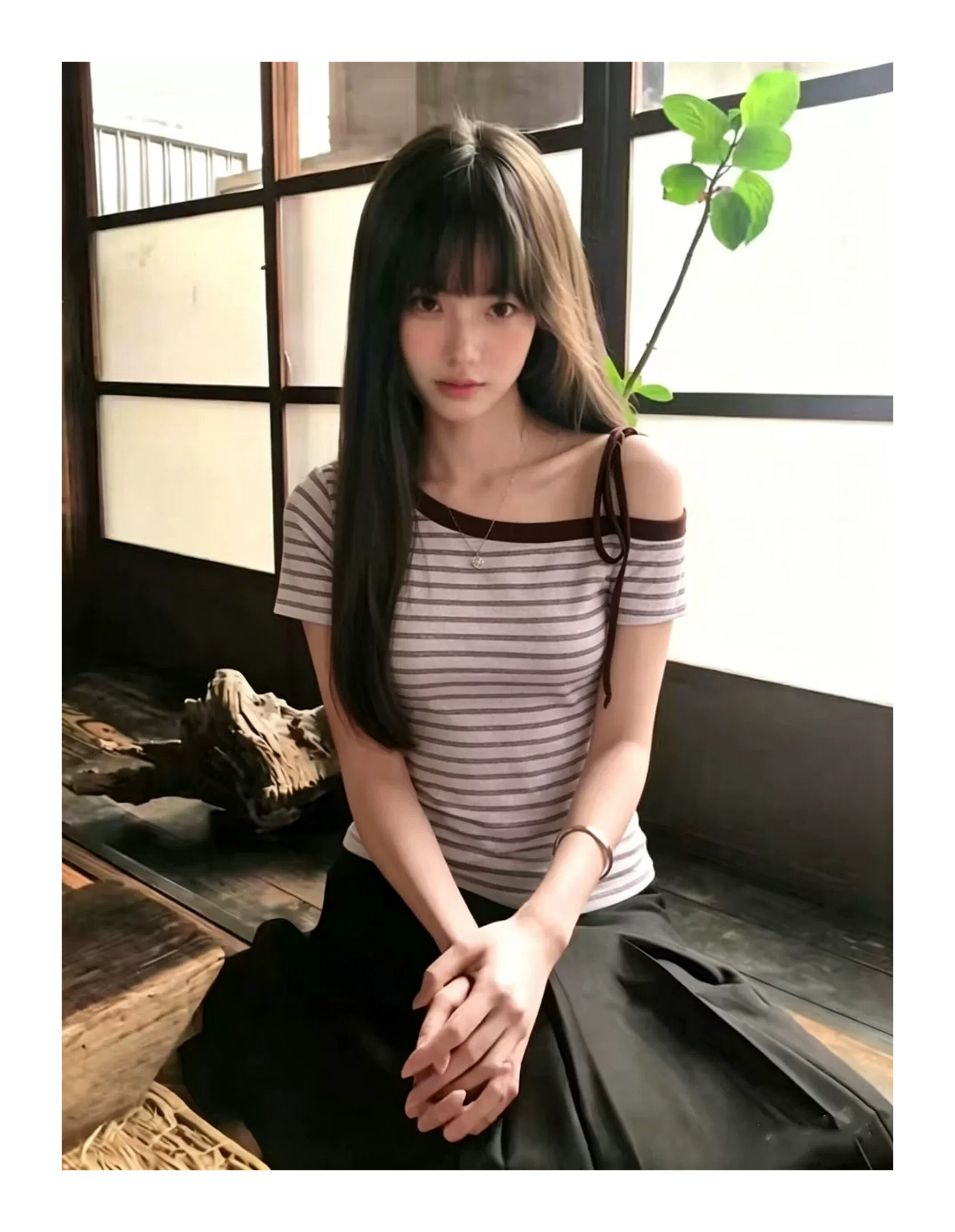 한 부서 레트로 스트라이프 비스듬한 어깨 반팔 티셔츠 여성 여름 느긋한 바람 빅 사이즈 몸매 가꾸기 슬림해 보이는 오프숄더 맨위