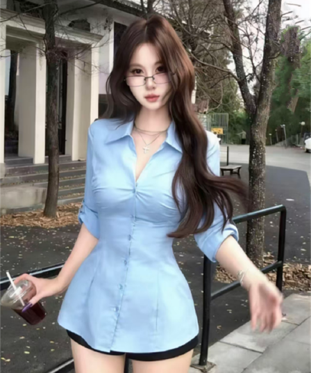 거룩한 화이트 드레스 순수한 욕망 핫걸 레이스 측면 패치워크 여성 셔츠 몸매 가꾸기 품격 고급 센스 맨위 셔츠