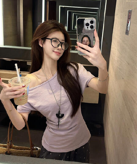 부서 작은 대중 비스듬한 어깨 반팔 티셔츠 여름 디자인 허리 수축 몸매 가꾸기 오프숄더 맨위