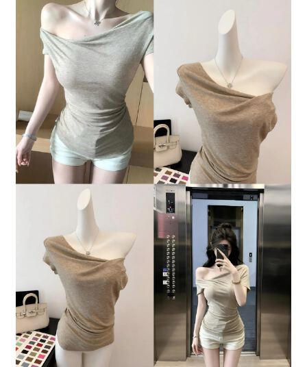 원본 원단 순수한 욕망 바람 여름 디자인 ~을 통해 센스 얇은 스타일 비스듬한 어깨 핀치 Pleat 허리 수축 슬림해 보이는 티셔츠