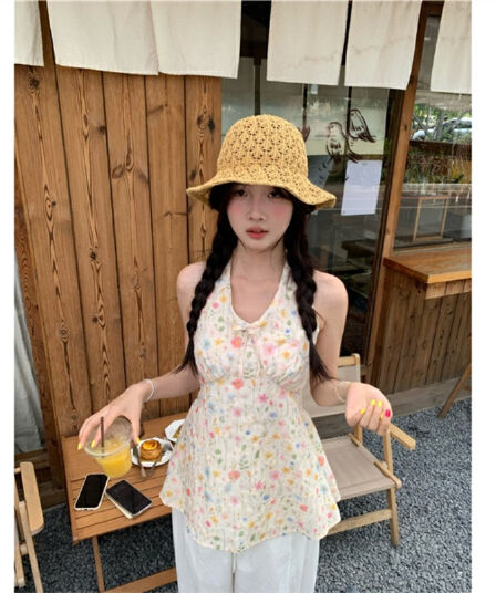 원본 자수 원단 프랑스식 레트로 꽃무늬 조끼 여름 작은 대중 몸매 가꾸기 뒤로 스트랩 맨위