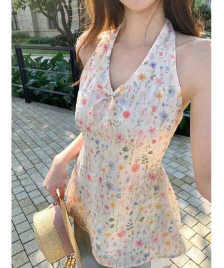 원본 자수 원단 프랑스식 레트로 꽃무늬 조끼 여름 휴가 바람 몸매 가꾸기 뒤로 스트랩 맨위