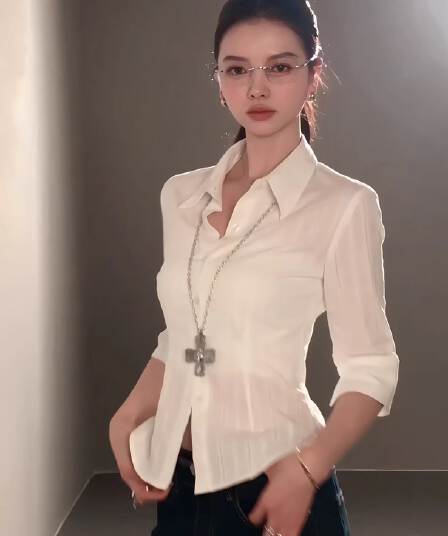 원본 자카드 원단 한 부서 화이트 POLO 칼라 여성 셔츠 여름 몸매 가꾸기 품격 허리 수축 얇은 스타일