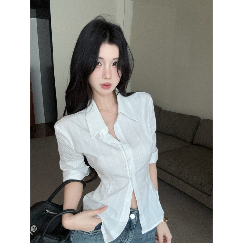 원본 자카드 원단 화이트 중간 소매 셔츠 자매 부서 높음 지혜 센스 셔츠 몸매 가꾸기 허리 수축 맨위