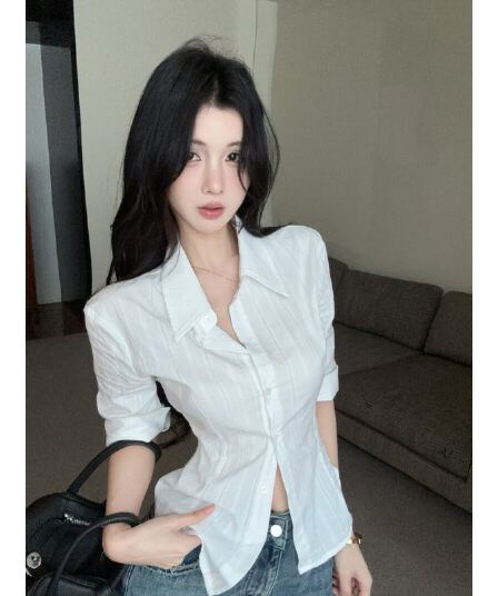 원본 자카드 원단 화이트 중간 소매 셔츠 자매 부서 높음 지혜 센스 셔츠 몸매 가꾸기 허리 수축 맨위