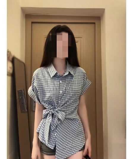 체크무늬 나비 매듭 스트랩 POLO 칼라 반팔 여성 셔츠 여름 작은 키 몸매 가꾸기 고급 캐주얼 맨위