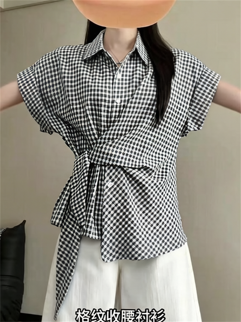한 부서 체크무늬 나비 매듭 스트랩 POLO 칼라 반팔 여성 셔츠 여름 몸매 가꾸기 고급 센스 캐주얼 맨위