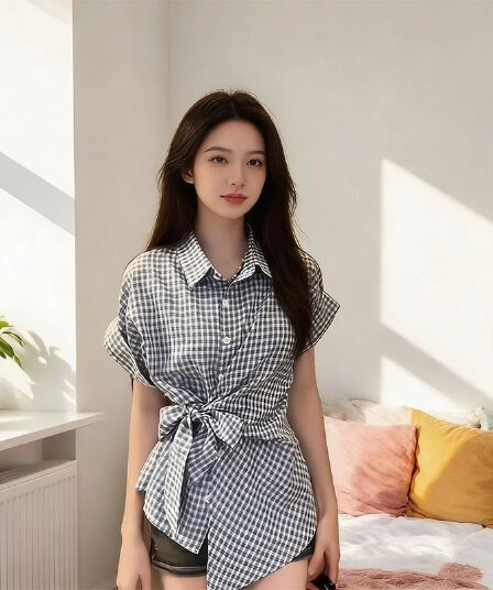 체크무늬 나비 매듭 스트랩 POLO 칼라 반팔 여성 셔츠 여름 작은 키 몸매 가꾸기 고급 캐주얼 맨위