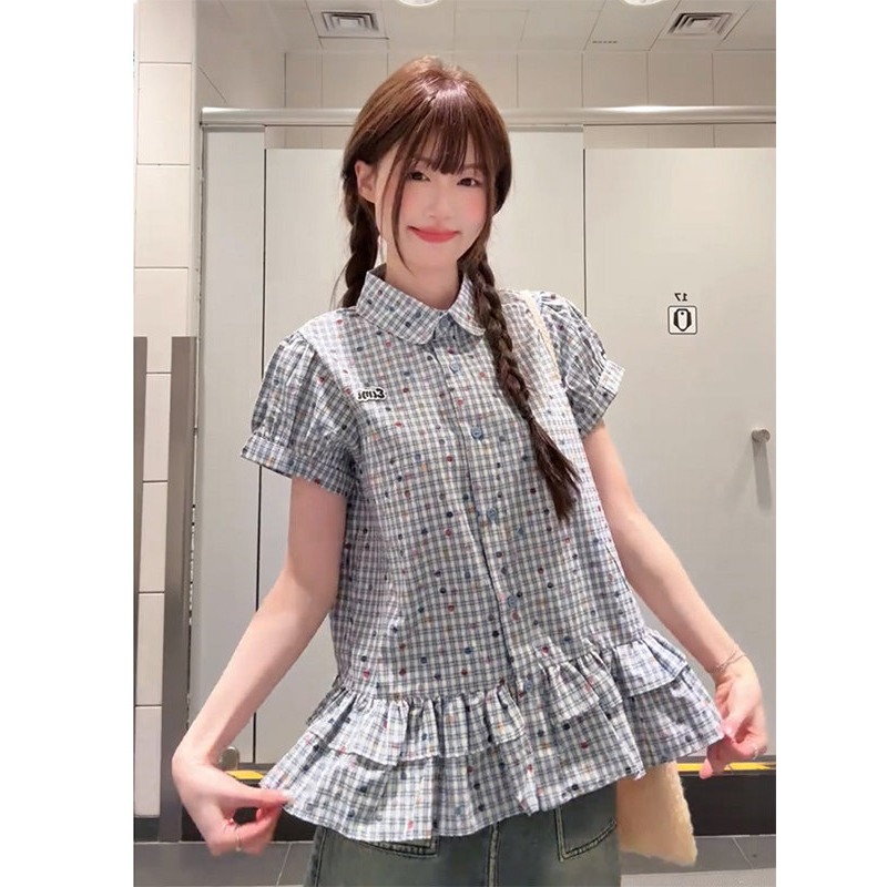 한 부서 레트로 파란색 체크무늬 반팔 여성 셔츠 여름 루즈핏 학원 스타일 허리 수축 폴로 칼라 셔츠 맨위