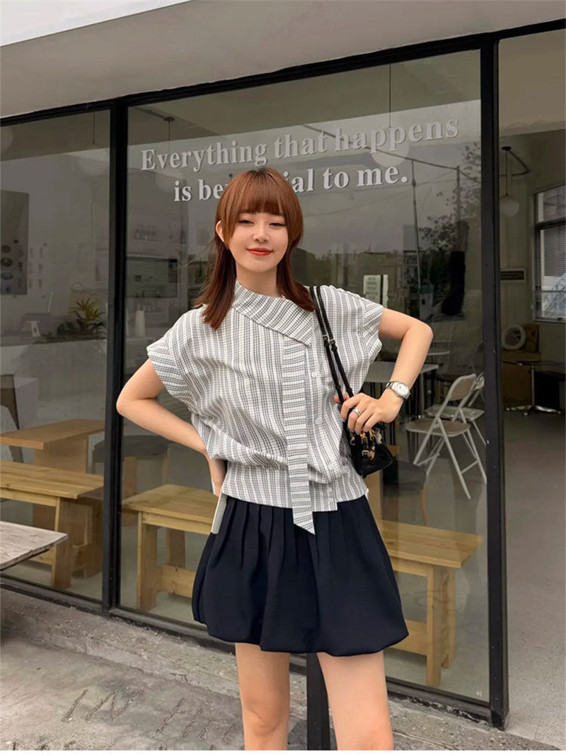 레이스 자카드 원단 배색 체크무늬 폴로 칼라 불규칙 셔츠 여름 품격 리본 맨위