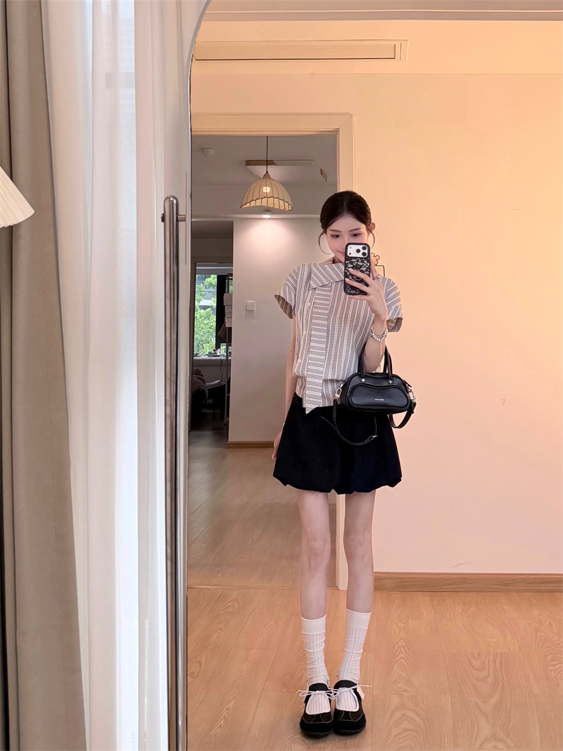 원본 레이스 자카드 원단 불규칙 체크무늬 스트라이프 여성 셔츠 여름 연령 감소 그레이트 봐. 의류