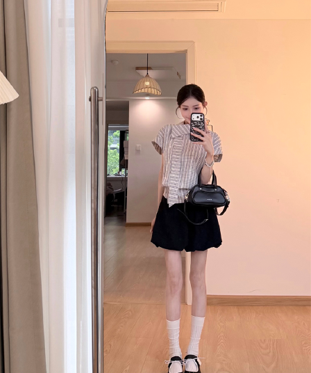 원본 레이스 자카드 원단 불규칙 체크무늬 스트라이프 여성 셔츠 여름 연령 감소 그레이트 봐. 의류