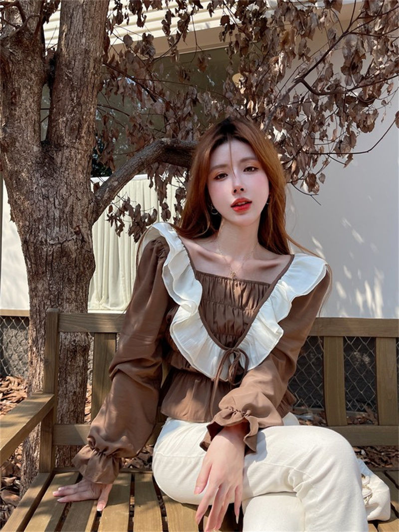 빅 사이즈 여성 의류 프랑스식 프릴 검정색 긴팔 셔츠 새로운 지방 mm 표지 배 슬림해 보이는 작은 셔츠 맨위