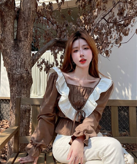 빅 사이즈 여성 의류 프랑스식 프릴 검정색 긴팔 셔츠 새로운 지방 mm 표지 배 슬림해 보이는 작은 셔츠 맨위