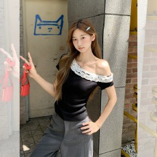 批发人棉260克木耳边斜肩短袖<b class='q'>T</b><b class='q'>恤</b>夏季新款甜辣妹<b class='q'>露肩</b>设计上衣