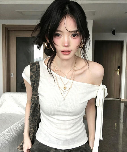 대나무 마디 면 한 부서 비스듬한 어깨 레이스업 반팔 티셔츠 여름 새로운 프랑스식 착용 가져 가라. Chic 맨위
