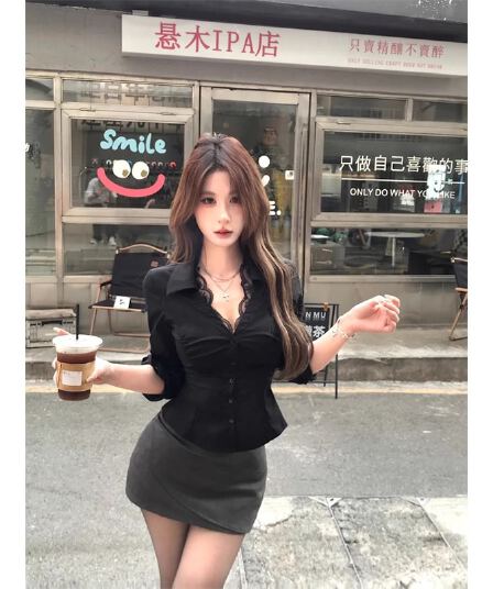 원본 품질 검정색 레이스 순수한 욕망 긴팔 셔츠 핫걸 섹시함 허리 수축 슬림해 보이는 셔츠 맨위