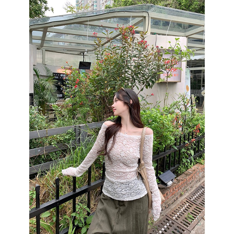 원본 품질 한 부서 레이스 오프숄더 긴 소매 셔츠 여름 작은 대중 Chic 다용도 슬림해 보이는 맨위