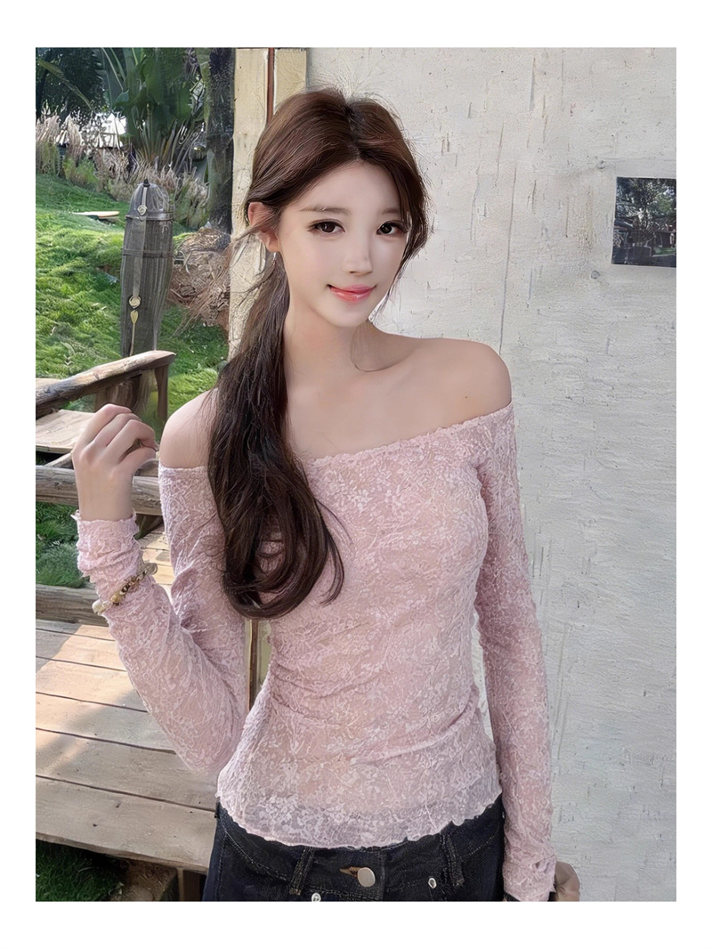 원본 품질 레이스 오프숄더 긴팔 티셔츠 여성 인사이드 가져 가라. 기본 셔츠 몸 핫걸 오프숄더 맨위