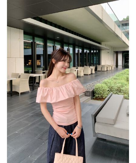 원본 40 순면 프랑스식 프릴 오프숄더 반팔 티셔츠 여름 슬림해 보이는 오프숄더 맨위