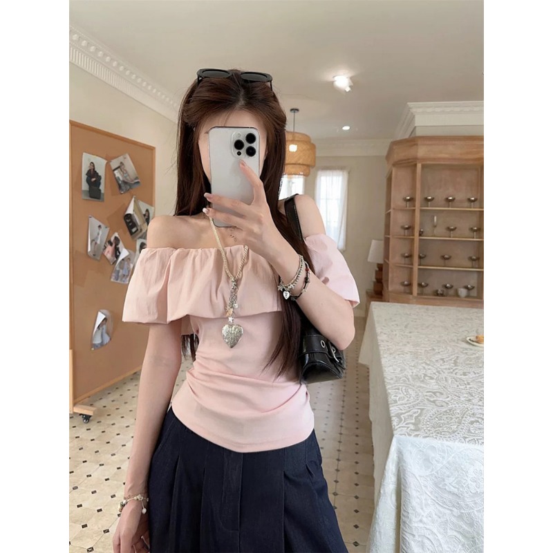원본 40 순면 달콤한 스타일 화이트 오프숄더 프릴 티셔츠 캐주얼 아름다운 맨위 여름