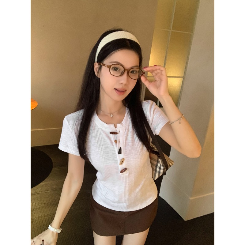 원본 원단 질감 센스 소뿔 버클 반팔 티셔츠 작은 키 몸매 가꾸기 슬림해 보이는 인사이드 잡아라. 의류 여름