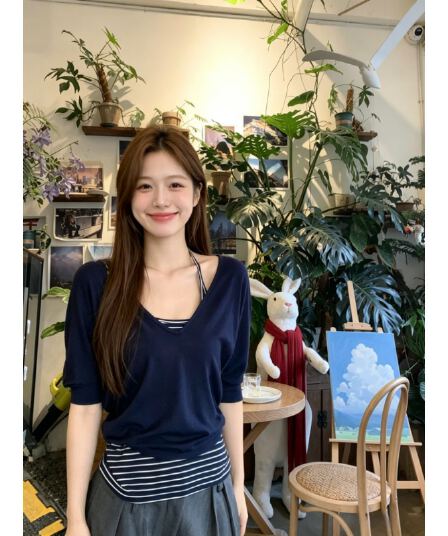 원본 사람들 면 260 그램 한 분말 스트라이프 슬립 느긋한 V넥 티셔츠 슬림해 보이는 다용도 투피스 세트