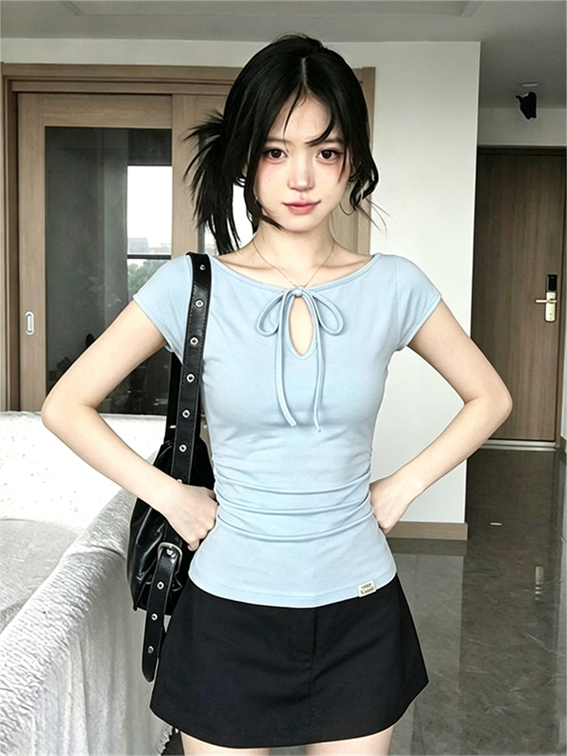 한 부서 홀로우 아웃 레이스업 반팔 티셔츠 여성 여름 착용 가져 가라. 허리 수축 긍정적 인 어깨 작은 맨위