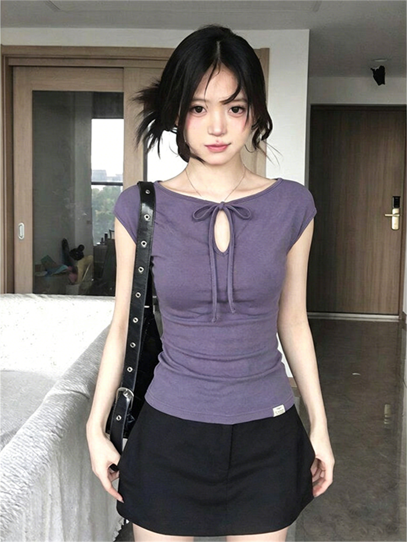 보라색 홀로우 아웃 스트랩 몸매 가꾸기 티셔츠 얇은 스타일 자이언트 잘 생긴 작은 날다 소매 맨위 여름