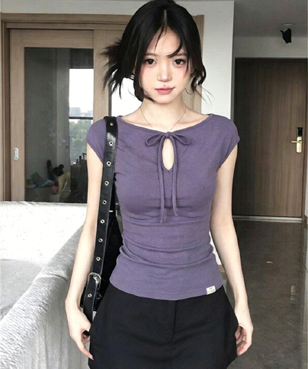 보라색 홀로우 아웃 레이스업 반팔 티셔츠 여성 여름 착용 가져 가라. 펌프 Pleat 허리 수축 긍정적 인 어깨 몸매 가꾸기 슬림해 보이는 핫걸 맨위 ins