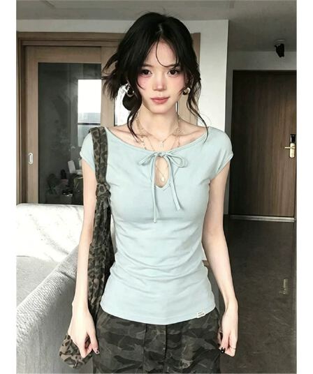사람들 면 260 그램 도파민 녹색 홀로우 아웃 레이스업 긍정적 인 어깨 티셔츠 여성 여름 핫걸 쇼트 스타일 맨위