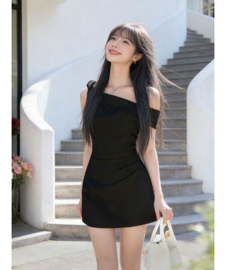 프랑스식 달콤함 품격 비스듬한 어깨 드레스 여름 디자인 센스 허리 수축 슬림해 보이는 오프숄더 순수한 욕망 짧은 치마