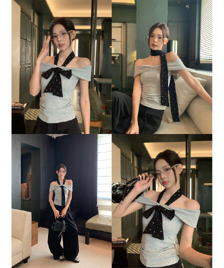 송 긍정적 인 En 회색 오프숄더 반팔 티셔츠 여성 여름 몸매 가꾸기 슬림해 보이는 한 부서 고급 센스 품격 오프숄더 맨위