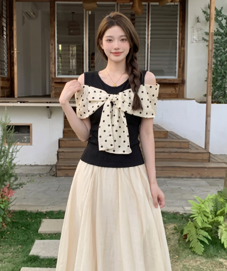 정가 원본 자카드 사람들 면 한 스타일 도트 무늬 나비 매듭 패치워크 오프숄더 여름 디자인 맨위