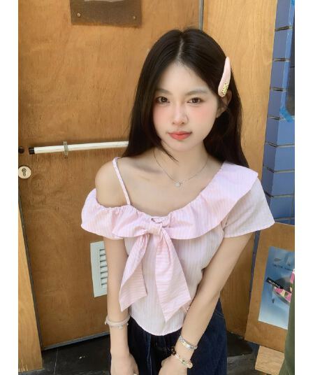 달콤한 스타일 핑크색 스트라이프 나비 매듭 작은 대중 셔츠 여성 의류 여름 빅 사이즈 연령 감소 슬림해 보이는 새로운 맨위