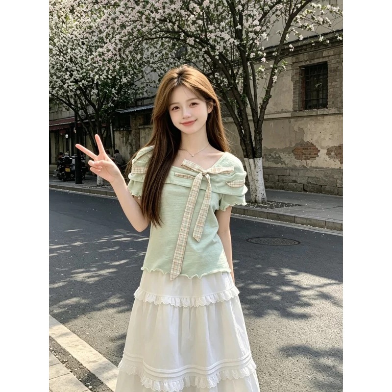 정가 원본 양면 주름 주름 면 박하 녹색 체크무늬 나비 매듭 반팔 셔츠 활력 소녀 착용 가져 가라.