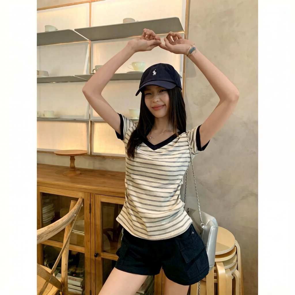 송 긍정적 인 En 블루 스트라이프 V넥 긍정적 인 어깨 반팔 티셔츠 여성 여름 새로운 몸매 가꾸기 슬림해 보이는 다용도 반소매 작은 맨위