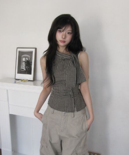 셔틀 직물 불규칙 레이스업 체크무늬 조끼 여름 작은 키 레트로 몸매 가꾸기 슬림해 보이는 민소매 맨위