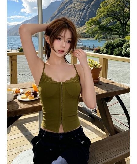 레이스 조각 캐미솔 여름 새로운 핫걸 몸매 가꾸기 허리 수축 디자인 센스 녹색 맨위 조끼