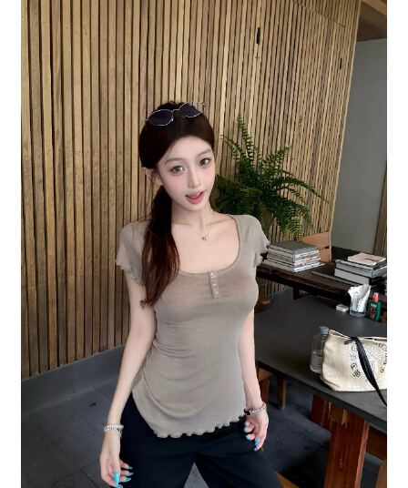 작은 대중 프릴 몸매 가꾸기 대 u 칼라 반팔 티셔츠 꼬집기 허리 디스플레이 얇고 작은 날다 소매 맨위