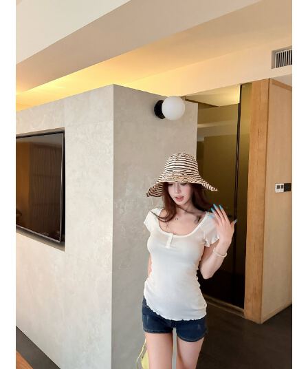 원본 원단 대 u 칼라 반팔 티셔츠 여성 여름 얇은 스타일 프로 피부 얇고 가벼운 캐주얼 작은 날다 소매 맨위