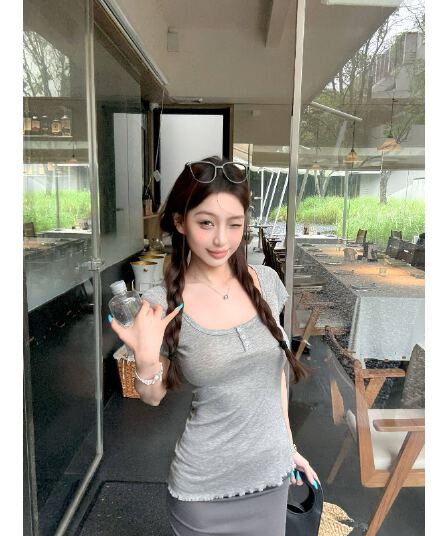 대 u 칼라 반팔 티셔츠 여성 여름 얇은 스타일 프로 피부 얇고 가벼운 캐주얼 작은 날다 소매 맨위